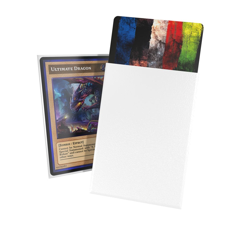 Weiße Ultimate Guard Cortex Sleeves für TCG-Karten, japanische Größe, mit bunter Karte im Hintergrund.