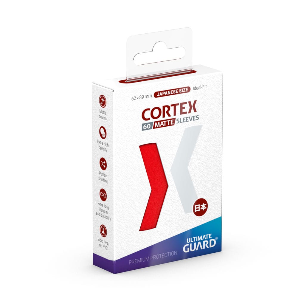 Ultimate Guard Cortex Sleeves, japanische Größe, matt-rot, 60 Stück, in weißer Verpackung mit roten Akzenten.