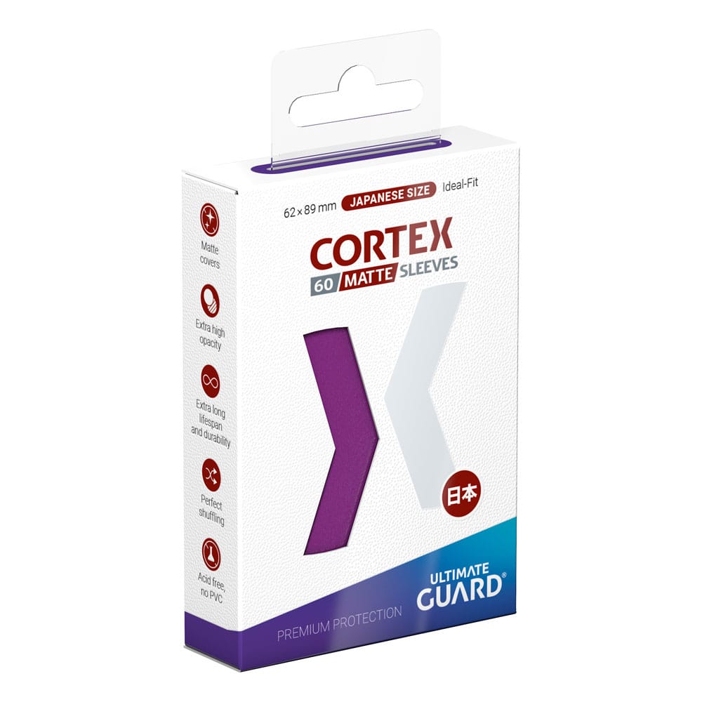 Verpackung der Ultimate Guard Cortex Sleeves, Japanische Größe, 60 lila matte Kartenhüllen.