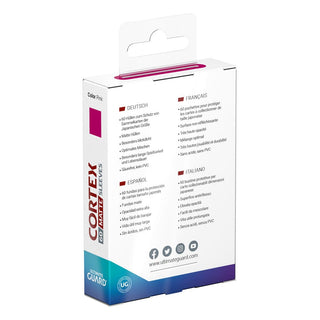 Ultimate Guard Cortex Sleeves Japanische Größe Matte Pink (60), Verpackungsrückseite mit mehrsprachiger Beschreibung.