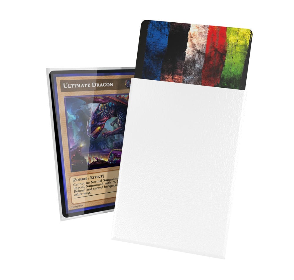 Weiße Ultimate Guard Cortex Sleeves für japanische Karten, 60 Stück, mit bunter Karte im Hintergrund.