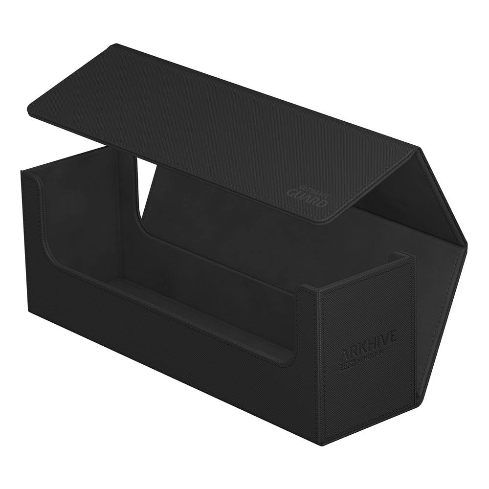 Schwarze Ultimate Guard Arkhive 400+ XenoSkin Box, geöffnet, zur Kartenaufbewahrung.
