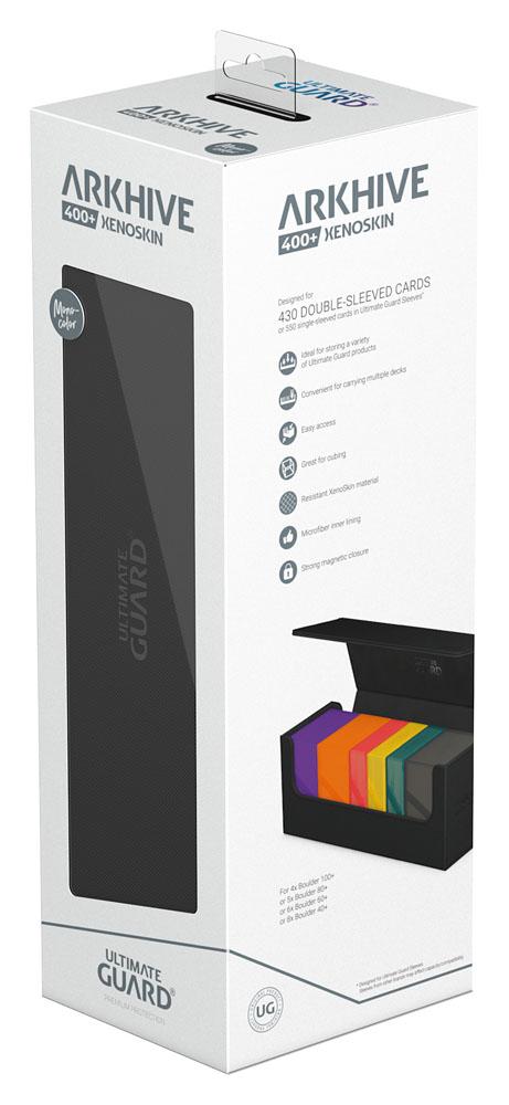 Ultimate Guard Arkhive 400+ XenoSkin Monocolor Schwarz, Kartenspeicherbox, Verpackung mit Produktabbildung und Logos.