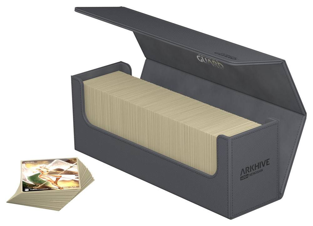 Ultimate Guard Arkhive 400+ XenoSkin Grau, geöffnet, mit Kartenstapel und Deck Boxen, ideal für Kartensammler.