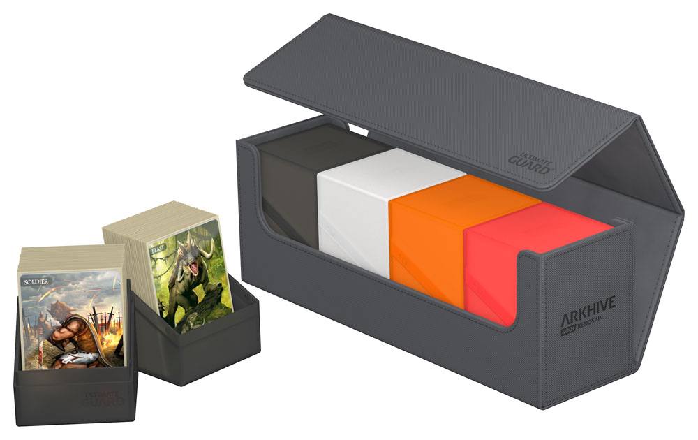 Ultimate Guard Arkhive 400+ XenoSkin Grau mit Karten und Deck Boxen für sichere Aufbewahrung und Transport.