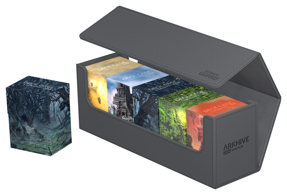 Ultimate Guard Arkhive 400+ XenoSkin Grau mit geöffnetem Deckel, zeigt bunte Deck Cases und Kartenaufbewahrung.
