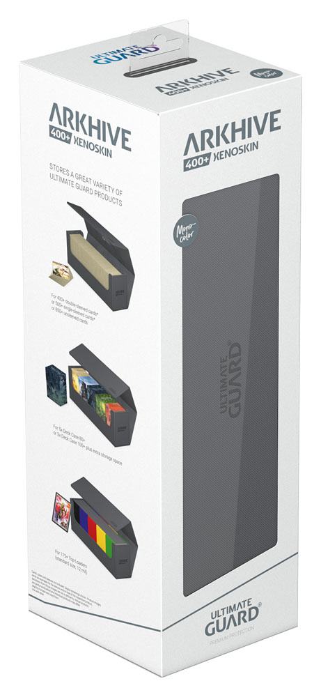 Ultimate Guard Arkhive 400+ XenoSkin Grau, Kartenaufbewahrung, Verpackung mit Produktabbildungen.