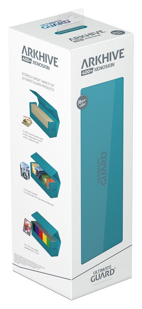 Ultimate Guard Arkhive 400+ XenoSkin in Petrolblau, Kartenspeicherbox für 400+ Karten, Verpackungsvorderseite.