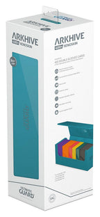 Ultimate Guard Arkhive 400+ XenoSkin in Petrolblau, Kartenbox-Verpackung mit bunten Deck Boxen, ideal für Kartensammler.