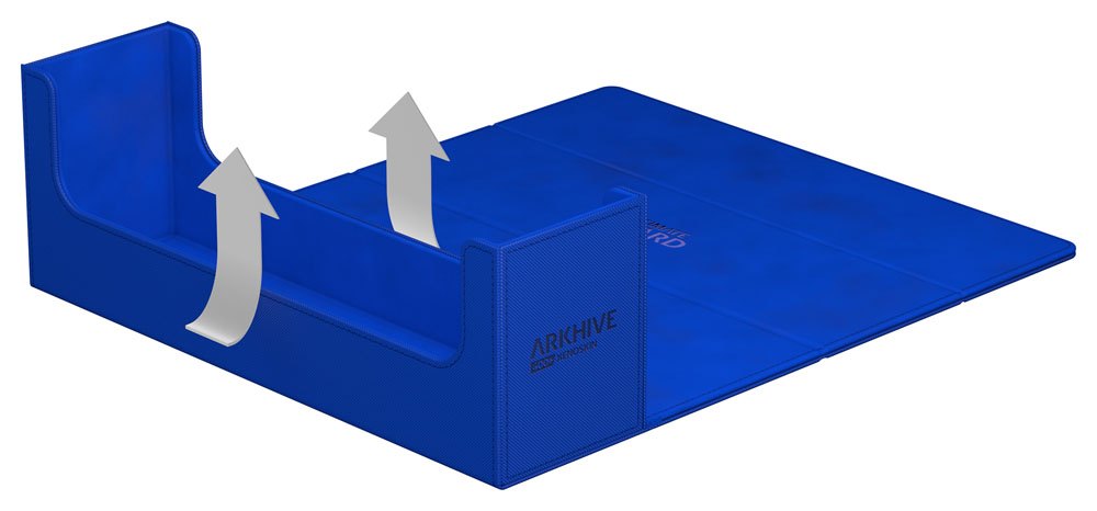 Blauer Ultimate Guard Arkhive 400+ XenoSkin, geöffnet, für Kartenaufbewahrung und Transport.