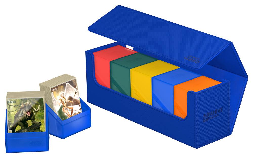 Ultimate Guard Arkhive 400+ XenoSkin Blau mit Karten und bunten Deckboxen.