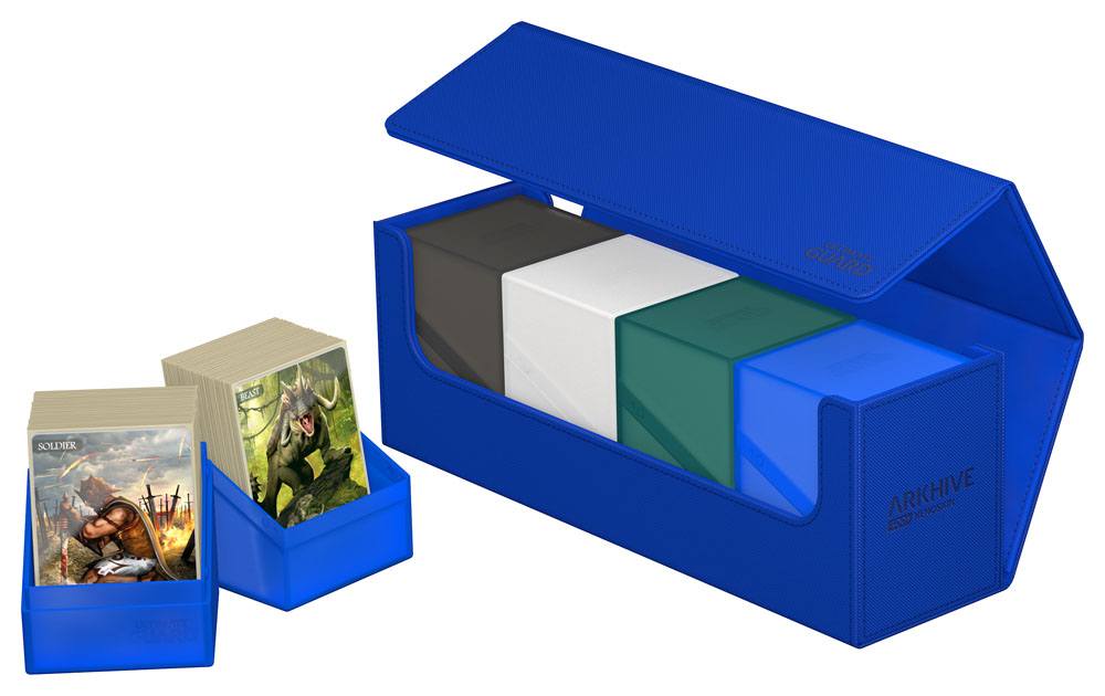 Blaue Ultimate Guard Arkhive 400+ Box mit Karten und Deck Boxen, ideal für Kartensammler.