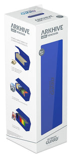 Ultimate Guard Arkhive 400+ XenoSkin Blau, Kartenaufbewahrung, Verpackung zeigt Produktdetails und Anwendungsbeispiele.