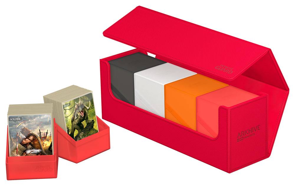 Ultimate Guard Arkhive 400+ XenoSkin in Rot, geöffnet mit Karten und Deck Boxen.