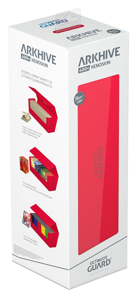 Ultimate Guard Arkhive 400+ XenoSkin Rot, Kartenspeicherbox, Verpackung mit Produktabbildungen und Logo.