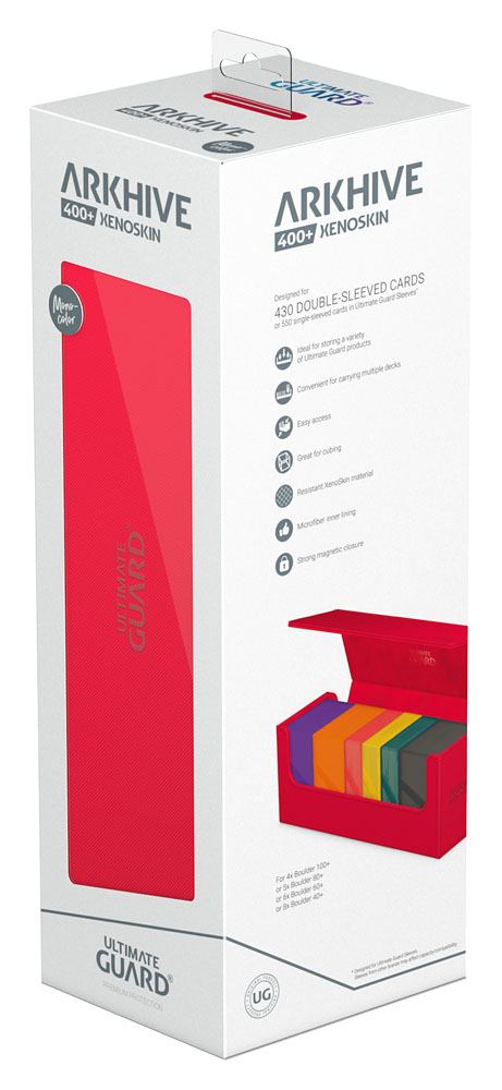 Ultimate Guard Arkhive 400+ XenoSkin Rot, Kartenaufbewahrung, Verpackung mit Produktabbildung und Logo.