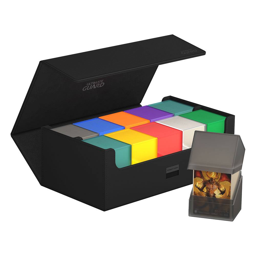 Ultimate Guard Arkhive 800+ XenoSkin Schwarz, offen mit bunten Kartenboxen, ideal für 800+ Karten.
