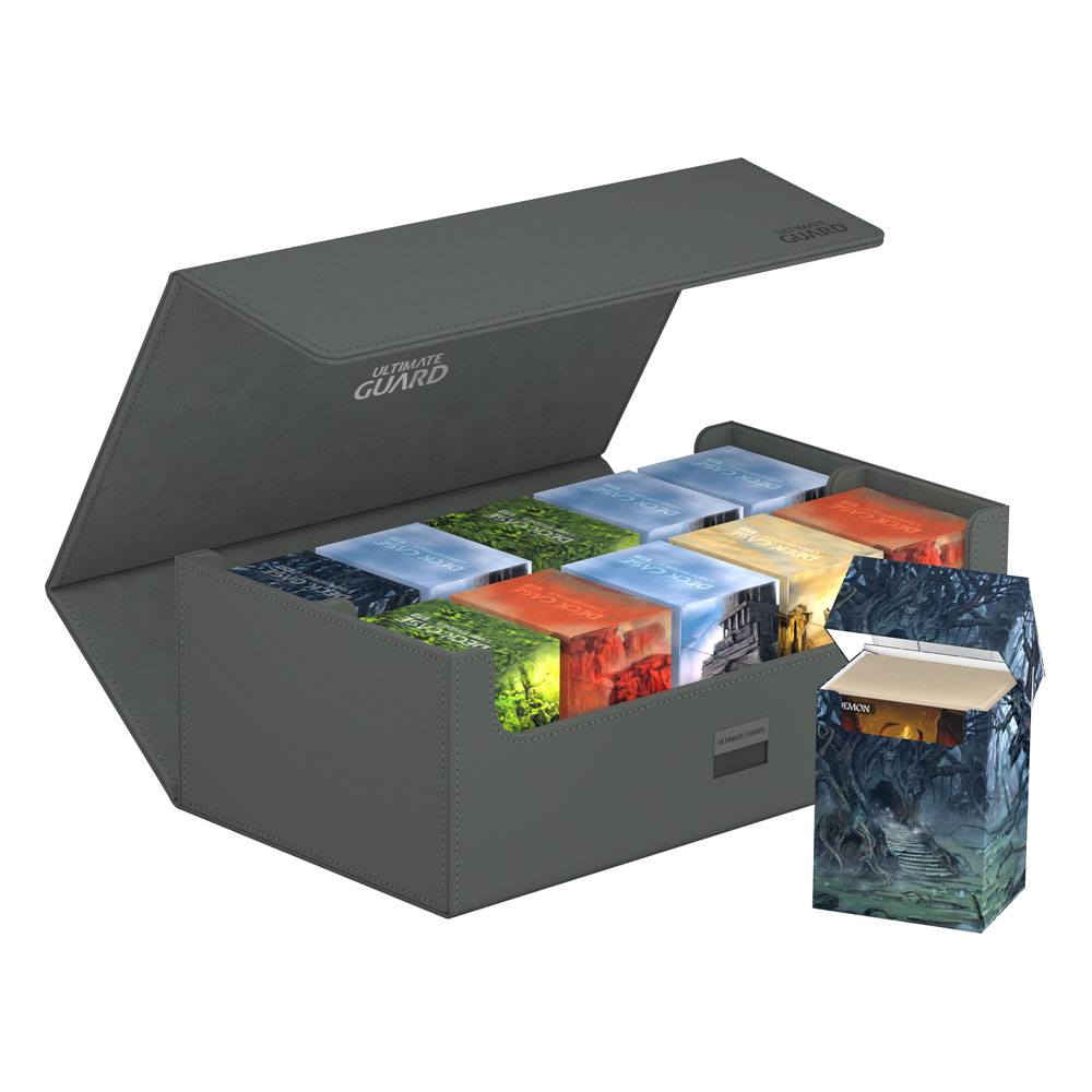 Ultimate Guard Arkhive 800+ XenoSkin Grau, geöffnet mit Kartenfächern, zeigt Kapazität für 800+ Karten.