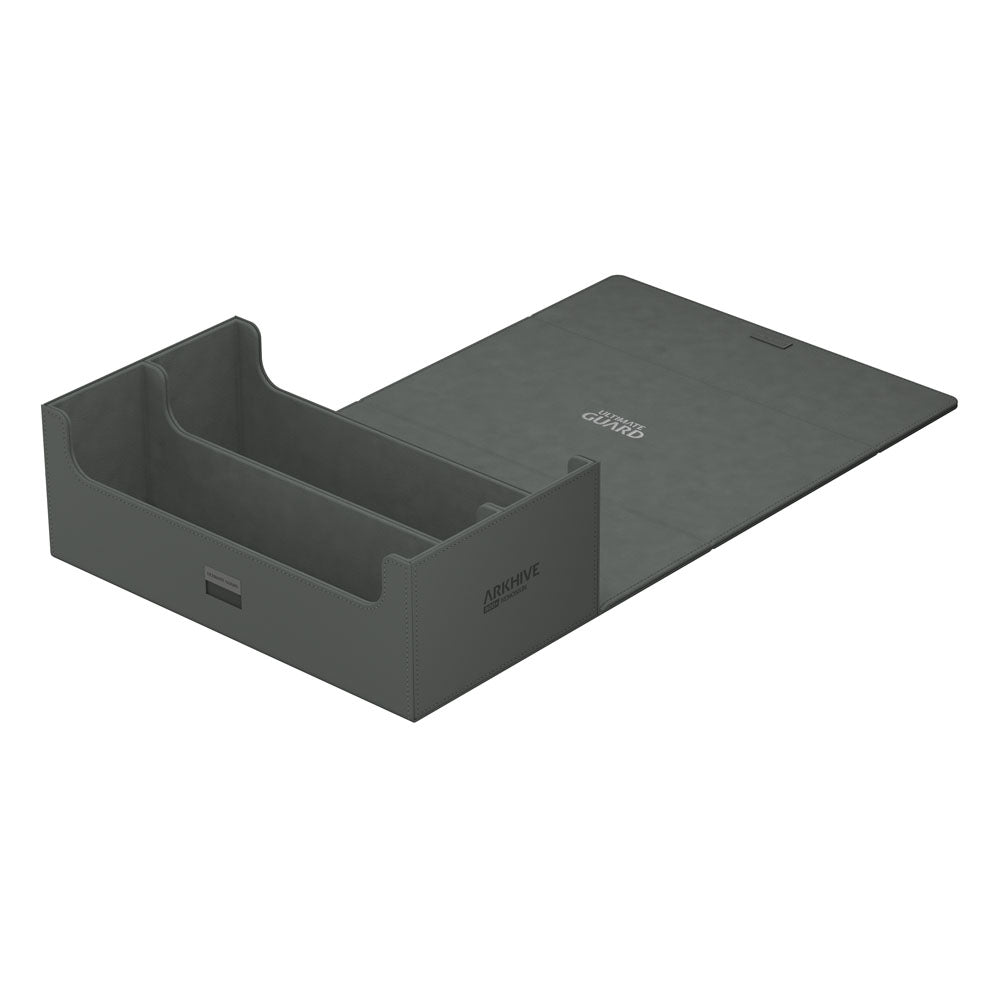 Grau Ultimate Guard Arkhive 800+ XenoSkin Kartenbox, offen, für 800+ Karten, mit Logo und Fächern.
