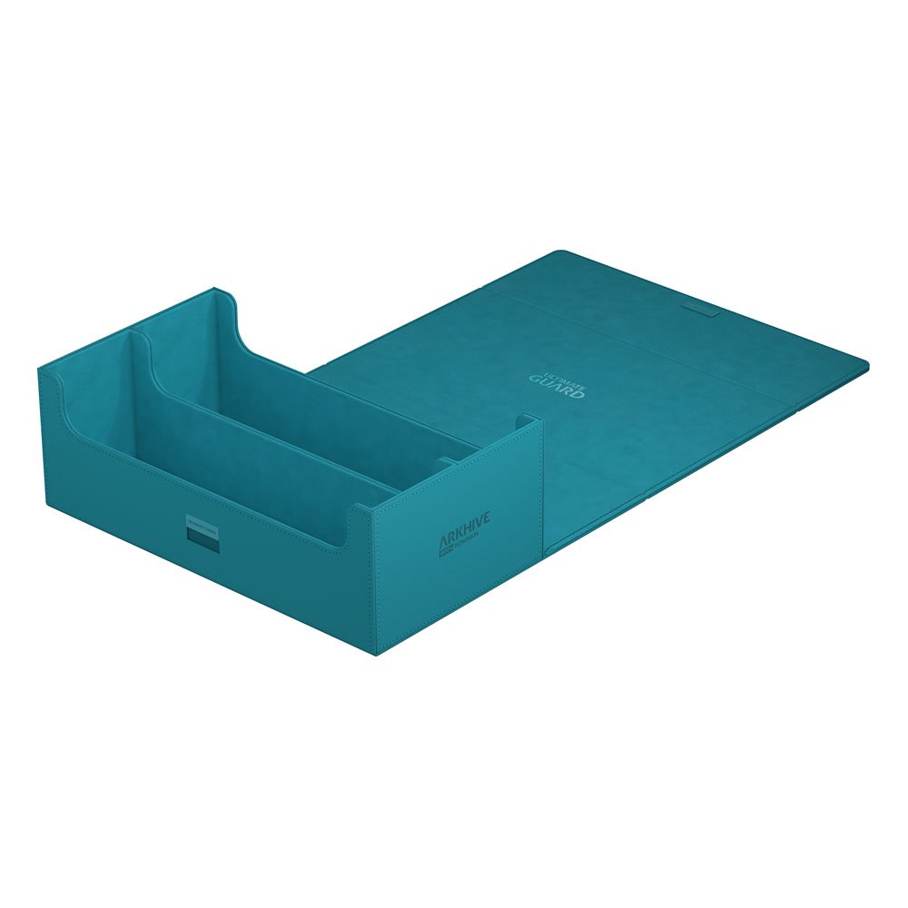 Petrolblaue Ultimate Guard Arkhive 800+ Box, geöffnet, zeigt Innenraum für über 800 Karten, ideal für Sammler.
