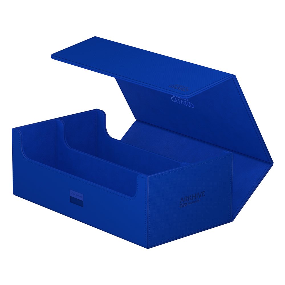 Blaue Ultimate Guard Arkhive 800+ XenoSkin Box, geöffnet, für Kartenaufbewahrung.
