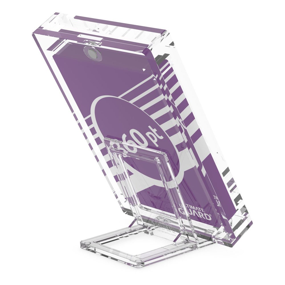 Ultimate Guard Slider Stand aus klarem Plastik, ideal zur Präsentation von Sammlerstücken, seitlich gezeigt.