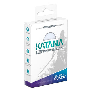 Verpackung der Ultimate Guard Katana Inner Sleeves, 100 transparente Hüllen, Standardgröße.