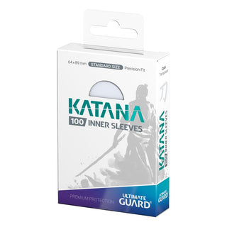 Verpackung der Ultimate Guard Katana Inner Sleeves, 100 transparente Hüllen, Standardgröße.