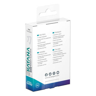 Verpackung der Ultimate Guard Katana Inner Sleeves, 100 transparente Hüllen für Kartenschutz.
