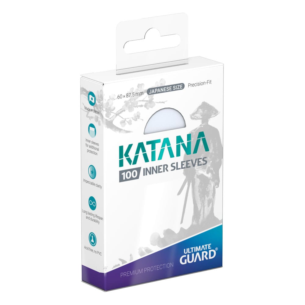 Ultimate Guard Katana Inner Sleeves Japanese Size Transparent – Verpackung von Ultimate Guard Katana Inner Sleeves Japanese Size, 100 transparente Kartenhüllen.