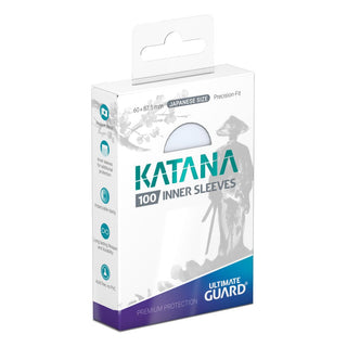 Verpackung von Ultimate Guard Katana Inner Sleeves Japanese Size, 100 transparente Kartenhüllen.