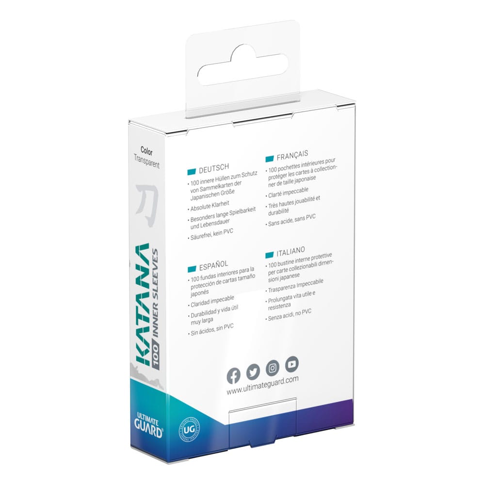 Ultimate Guard Katana Inner Sleeves Japanese Size Transparent – Ultimate Guard Katana Inner Sleeves, 100 Stück, japanische Größe, transparent, Verpackung mit mehrsprachiger Beschreibung.