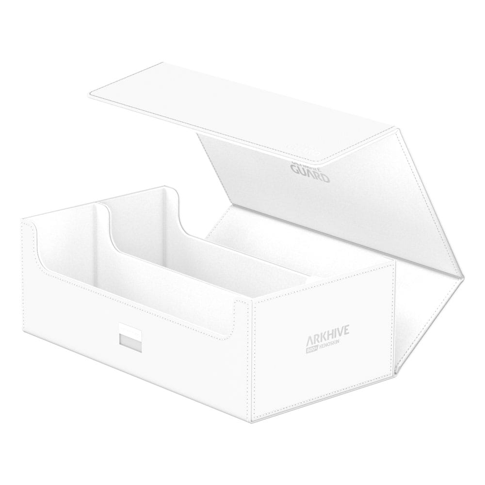 Weiße Ultimate Guard Arkhive 800+ XenoSkin Box, geöffnet, mit zwei Fächern für Kartenaufbewahrung.