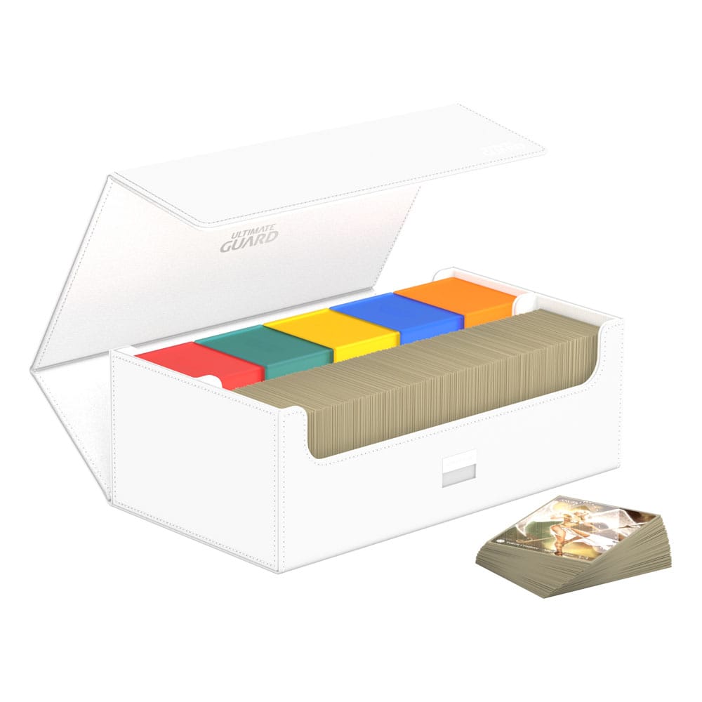 Weiße Ultimate Guard Arkhive 800+ Box, offen mit Karten und bunten Trennern.