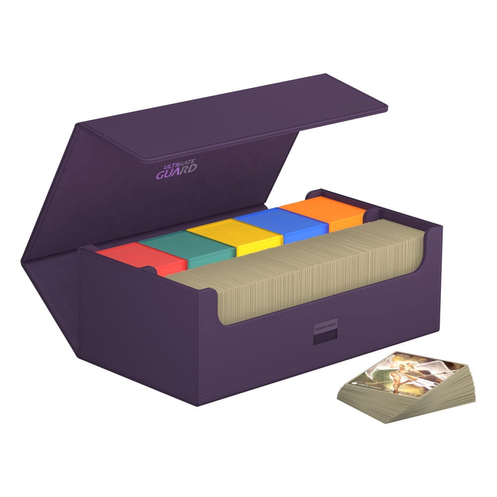 Offene violette Ultimate Guard Arkhive 800+ Box mit Karten und bunten Trennwänden.