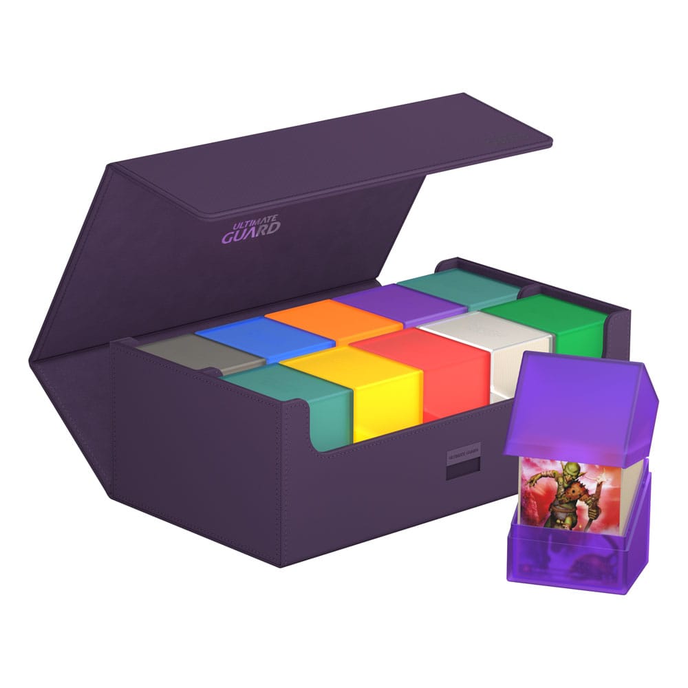 Ultimate Guard Arkhive 800+ XenoSkin violett, offene Kartenbox mit bunten Fächern, geeignet für 800+ Karten.