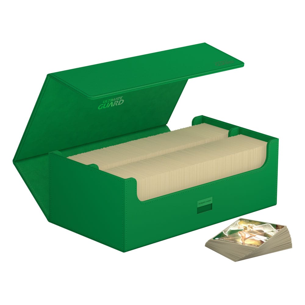 Grüne Ultimate Guard Arkhive 800+ Box, offen mit Karten, für über 800 double-sleeved Karten.