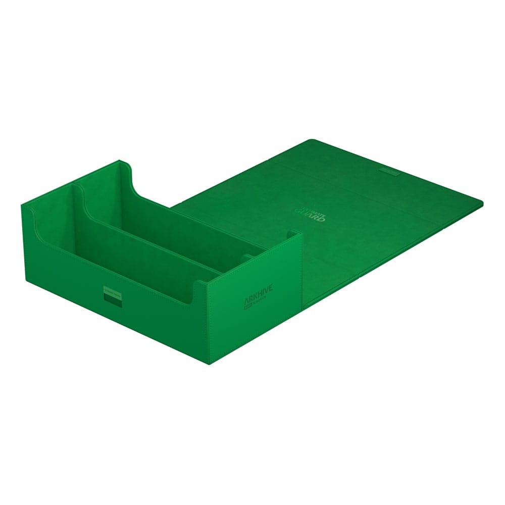 Grüne Ultimate Guard Arkhive 800+ XenoSkin Box, geöffnet, zeigt Innenraum für Kartenaufbewahrung.