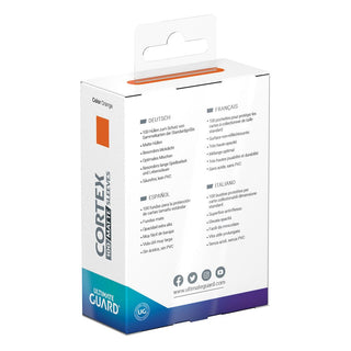 Ultimate Guard Cortex Sleeves, 100 matt-orange Kartenhüllen, Verpackung mit mehrsprachiger Beschreibung.
