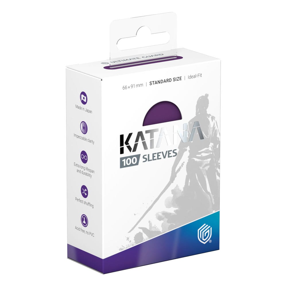 Ultimate Guard Katana Sleeves Iris Bloom, 100er Packung, Standardgröße, in weißer Box mit Samurai-Design.