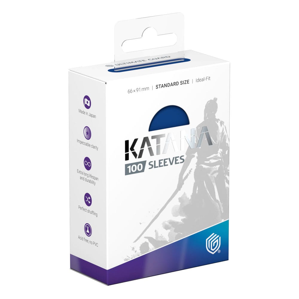 Ultimate Guard Katana Sleeves, 100er Pack, Standardgröße, blau, Verpackung mit Samurai-Design.