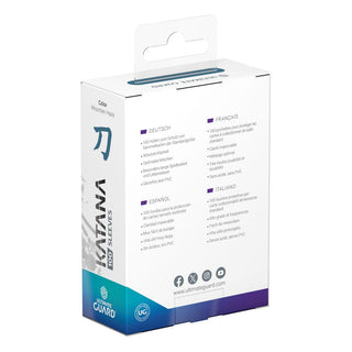 Ultimate Guard Katana Sleeves Mountain Haze, 100er Packung, Rückseite der Verpackung mit Produktdetails in mehreren Sprachen.