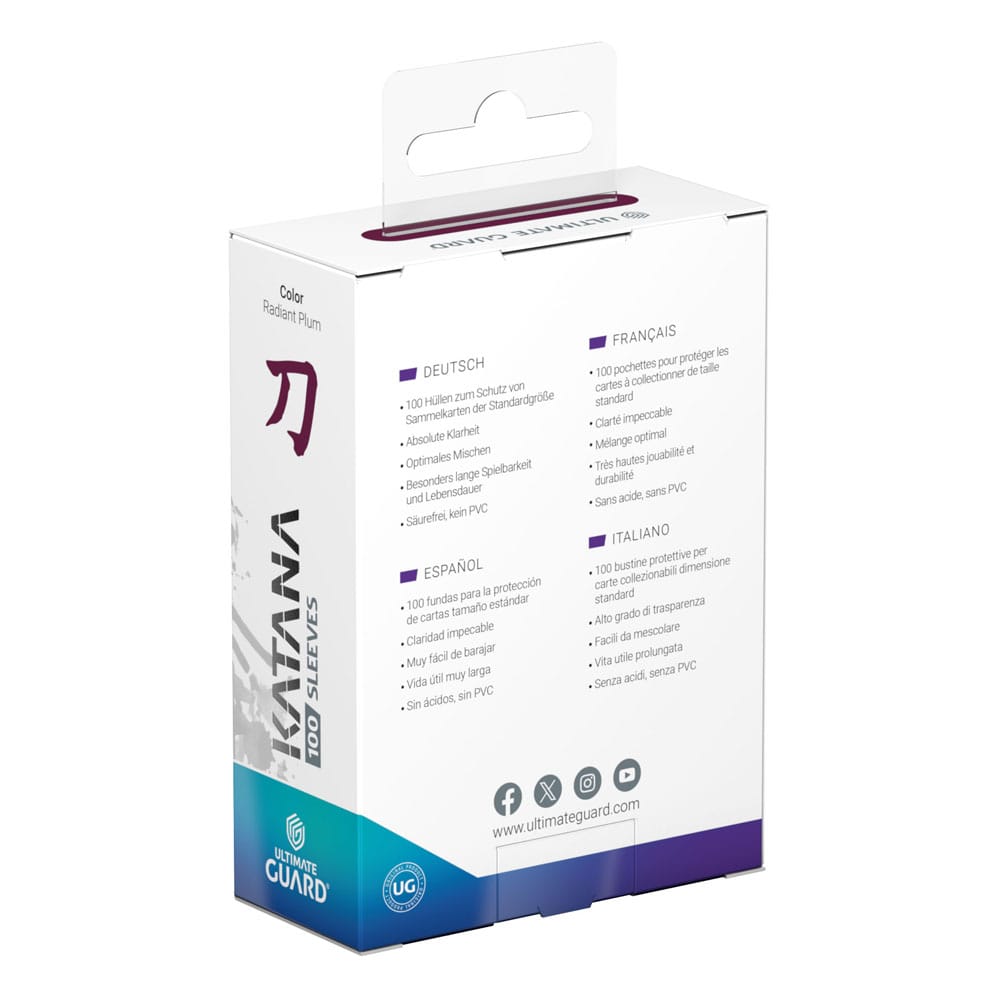 Ultimate Guard Katana Sleeves Radiant Plum, 100er Packung, Kartenschutzhüllen, Rückseite der Verpackung.