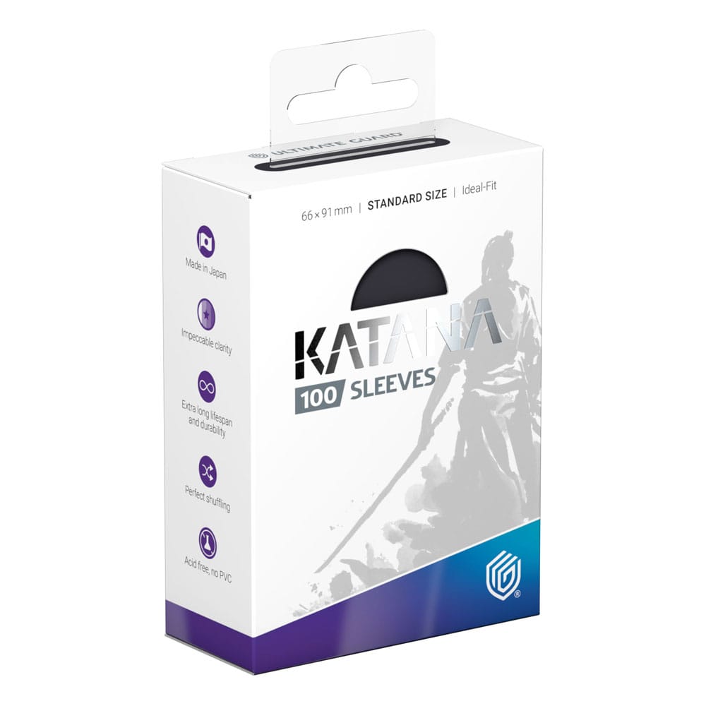 Verpackung der Ultimate Guard Katana Sleeves, Standardgröße, 100 Stück, Obsidian Shard, mit Samurai-Design.