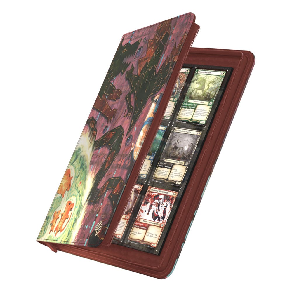 Ultimate Guard Zipfolio 360 Xenoskin Sammelordner mit Magic: The Gathering Bloomburrow Artwork, geöffnet mit Karten.