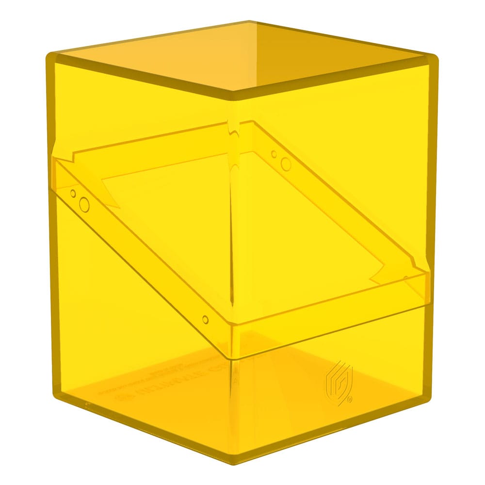 Transparente, gelbe Kartenbox Ultimate Guard Boulder 100+ Clear, geöffnet.