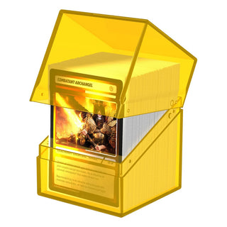 Ultimate Guard Boulder 100+ Clear Amber Deck-Box mit Karten, transparentes Design.