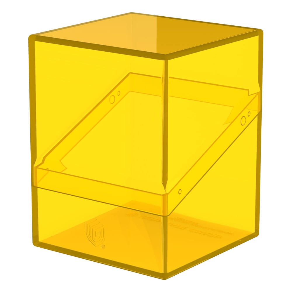 Transparente, gelbe Deck-Box von Ultimate Guard, Modell Boulder 100+ Clear, für Kartenaufbewahrung.