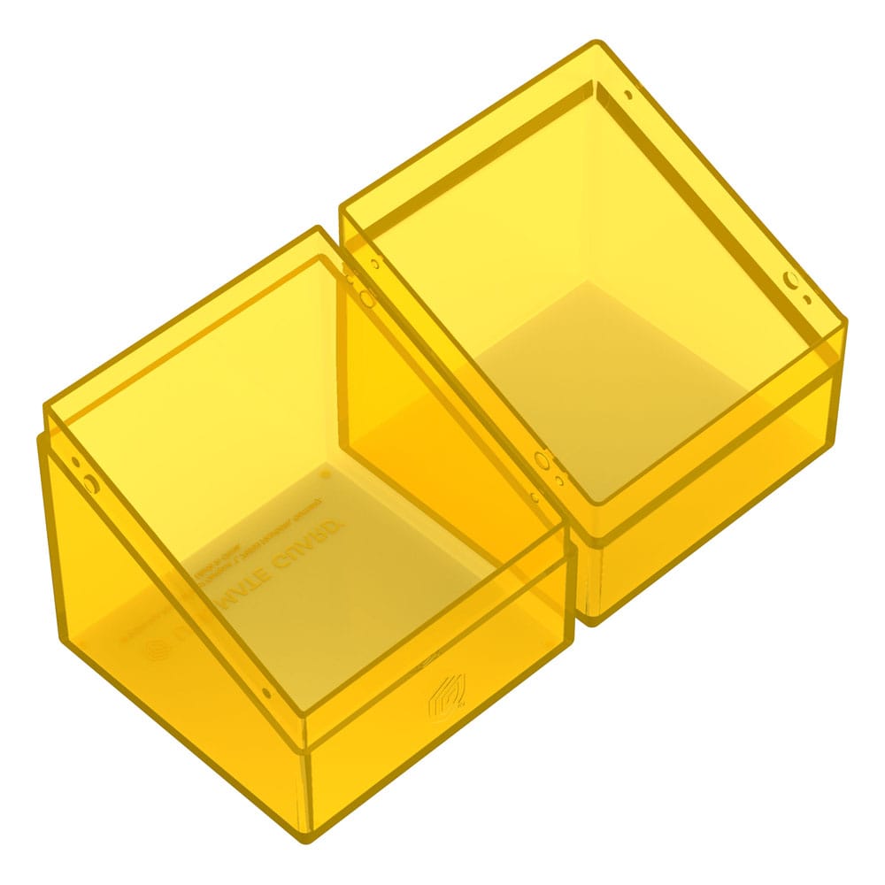 Transparente, gelbe Kartenbox "Ultimate Guard Boulder 100+ Clear - Amber", geöffnet, für Kartendecks.