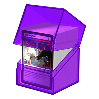Ultimate Guard Boulder 100+ Clear Amethyst Deck-Box, transparent, gefüllt mit Karten, offener Deckel.
